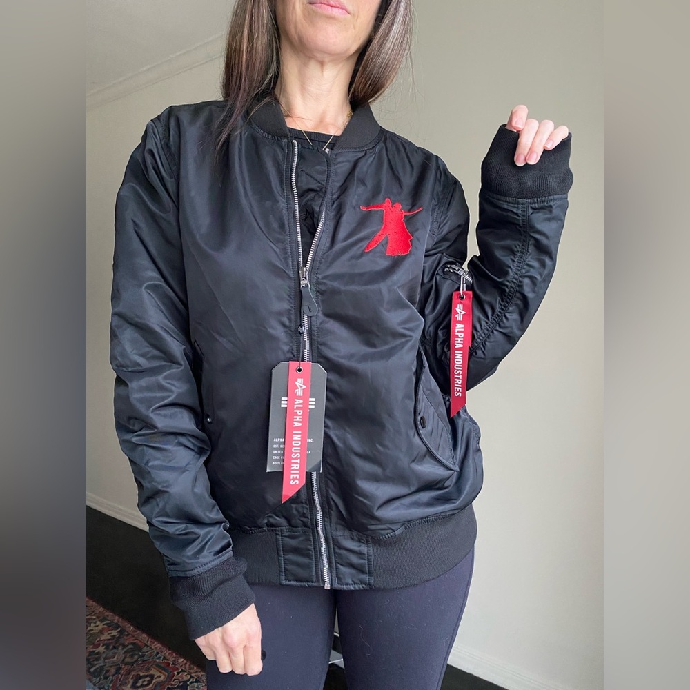 The Joker / Alpha Industries Women's Black Bomber Jacket with Red Accents